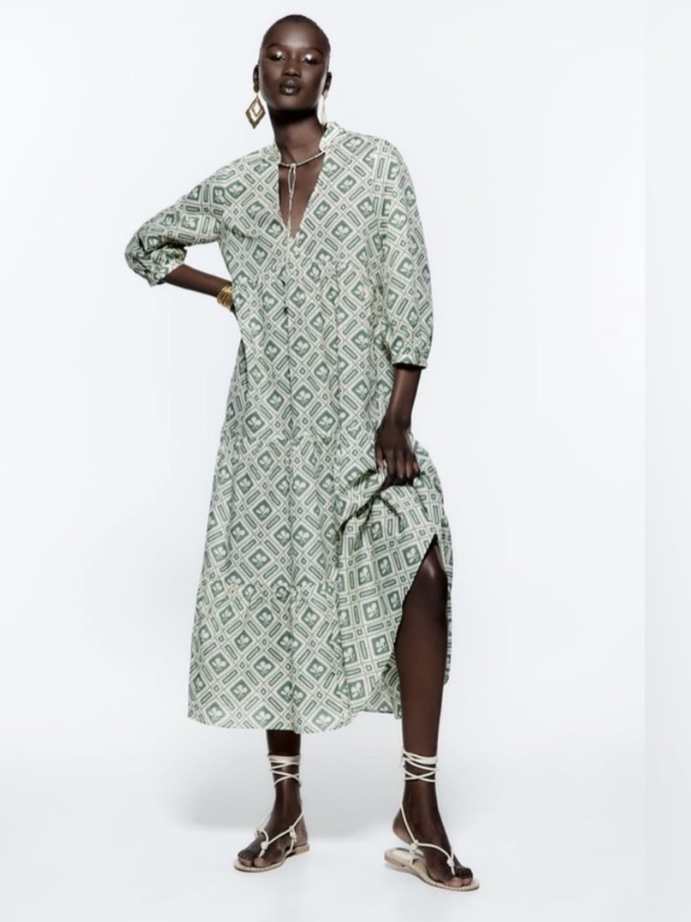 Zara Green and Cream Geometric Dress